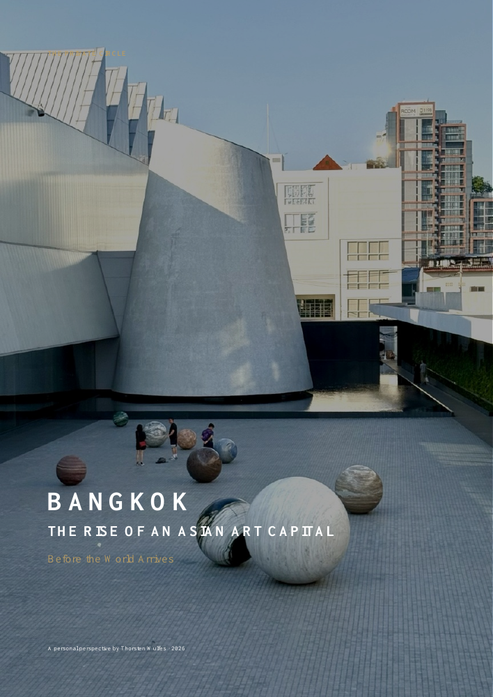 Bangkok white paper cover showing the architecture and sculpture courtyard of Dib Bangkok