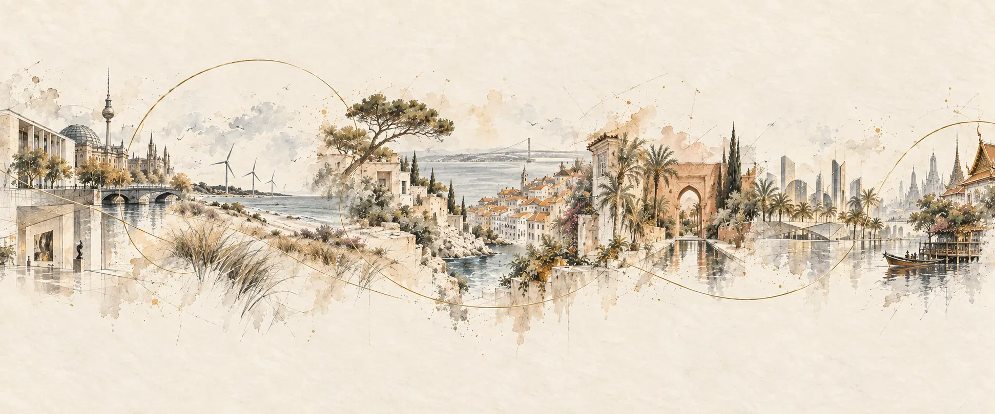 Hand-drawn panorama connecting Berlin, Northern Germany, Mallorca, Lisbon, Marrakech, Dubai and Bangkok