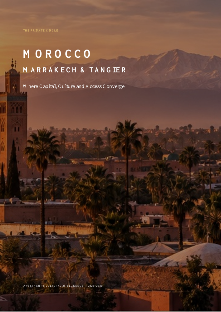 Morocco, Marrakech and Tangier white paper cover with Marrakech and the Atlas Mountains